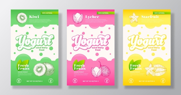 Conjunto de plantillas de etiquetas de yogur de frutas y bayas Colección de diseños de diseño de envases lácteos vectoriales abstractos Banner moderno con bocetos de kiwi lichi y carambola dibujados a mano Fondo aislado