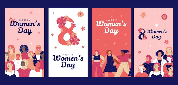 Vector un conjunto de plantillas de historias para celebrar el día de la mujer en las redes sociales con una multitud de mujeres