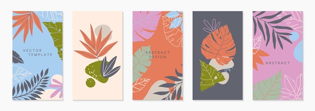 Conjunto de plantillas de historias de Insta con hojas de palma tropical Diseños vectoriales modernos de verano con espacio de copia para texto Banderas vibrantes y brillantes Diseños de moda para marketing en redes sociales Impresión posterior digital
