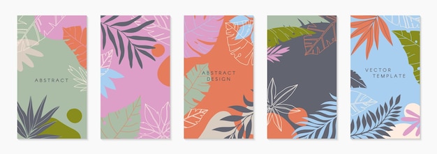 Conjunto de plantillas de historias de Insta con hojas de palma tropical Diseños vectoriales modernos de verano con espacio de copia para texto Banderas vibrantes y brillantes Diseños de moda para marketing en redes sociales Impresión posterior digital