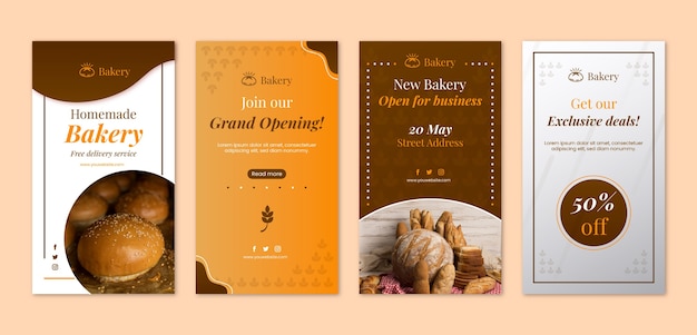 Conjunto de plantillas de historias de instagram de panadería