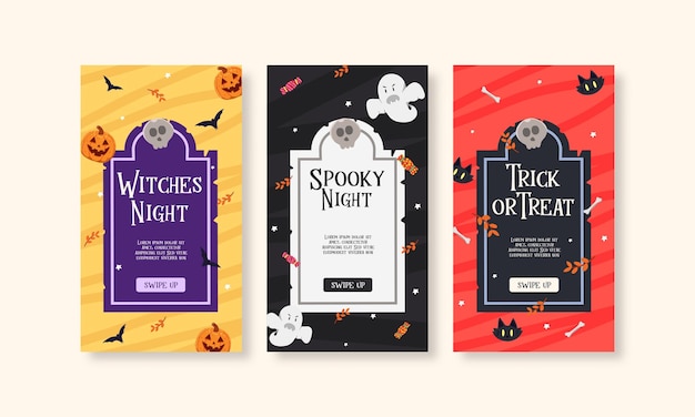 Vector conjunto de plantillas de historias de redes sociales de halloween planas y lúdicas