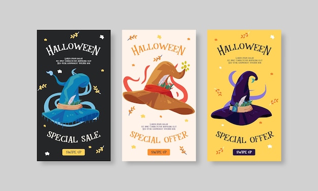 Vector conjunto de plantillas de historias de redes sociales de halloween planas y lúdicas