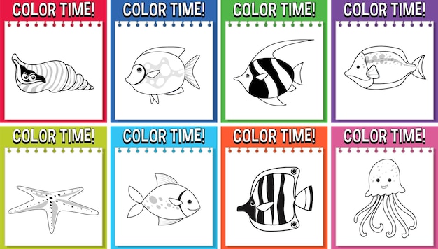 Un conjunto de plantillas de hojas de trabajo con texto de tiempo de color y contorno de peces