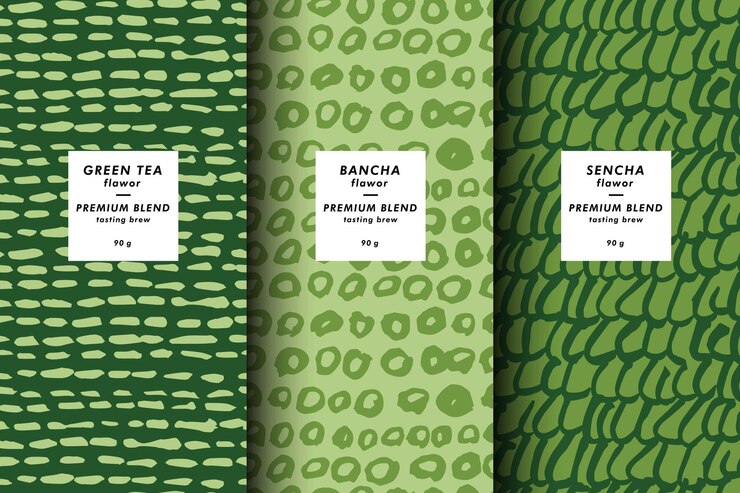Conjunto de plantillas de ilustración vectorial cubierta abstracta contemporánea y patrones para envases de té matcha con etiquetas fondos modernos mínimos
