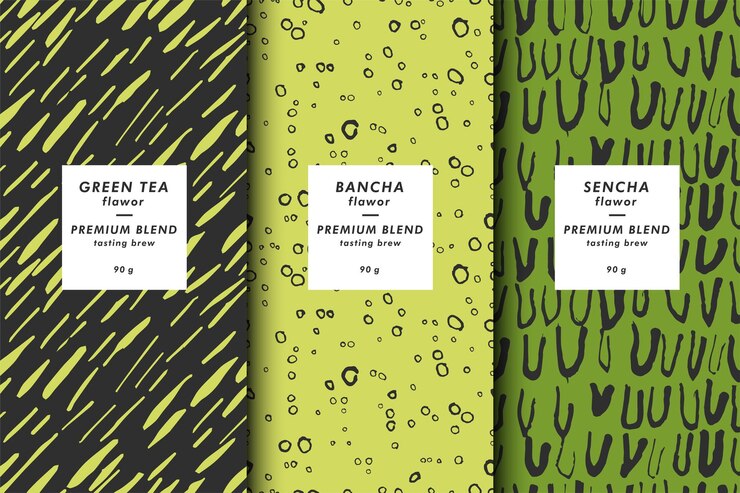 Conjunto de plantillas de ilustración vectorial cubierta abstracta contemporánea y patrones para envases de té verde con etiquetas fondos modernos mínimos