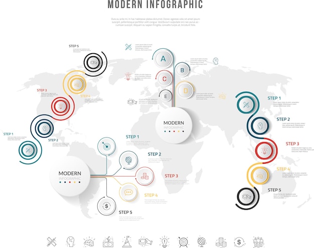 Vector conjunto de plantillas de infografías de negocios con iconos plantilla de corte de papel de infografía con mapa del mundo