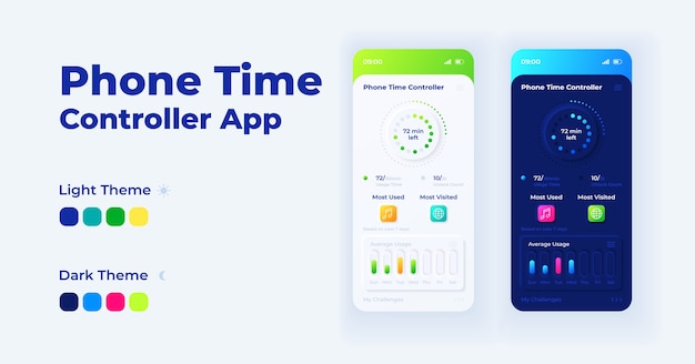 Conjunto de plantillas de interfaz de teléfono inteligente de dibujos animados de controlador de tiempo de teléfono. modos diurno y nocturno de la página de la pantalla de la aplicación móvil. ui de límite de tiempo de pantalla para la aplicación. pantalla del teléfono con ilustraciones