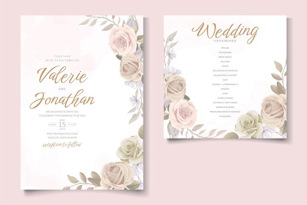 Conjunto de plantillas de invitación de boda con decoración floral y de hojas