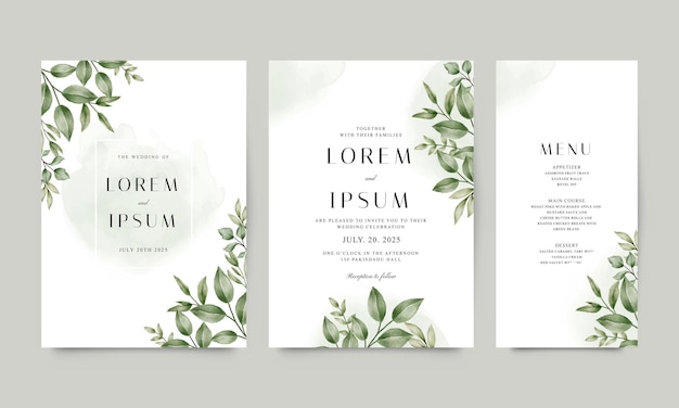 Vector conjunto de plantillas de invitación de boda con elegante follaje verde