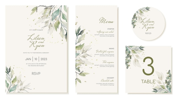 Vector conjunto de plantillas de invitación de boda etiqueta de menú sard número de mesa de invitados vector
