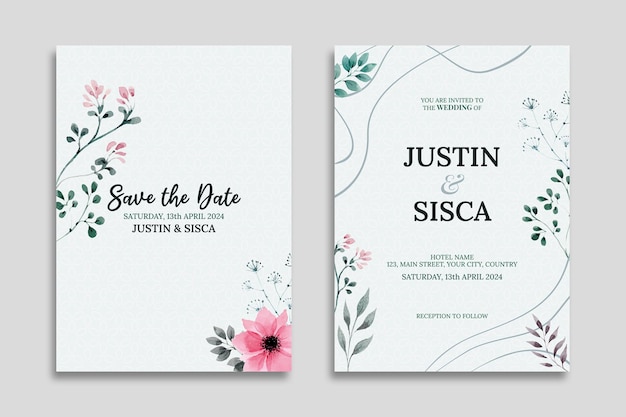 Conjunto de plantillas de invitación de boda floral dibujada a mano