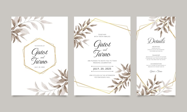 Conjunto de plantillas de invitación de boda con follaje de acuarela y marcos geométricos dorados