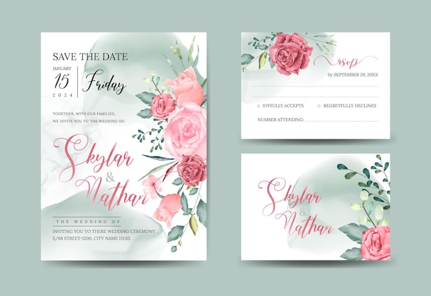 Conjunto de plantillas de invitación de boda rosa polvorienta verde exótico elegante