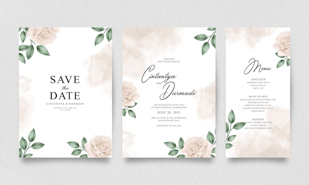 Conjunto de plantillas de invitación de boda con rosas elegantes