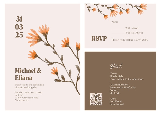 conjunto de plantillas de invitaciones de bodas digitales de flores dibujadas a mano