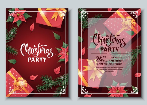 Vector conjunto de plantillas de invitaciones festivas para fiestas navideñas cartel de volante con caja de regalos de rama de abeto y poinsettia feliz navidad y feliz año nuevo