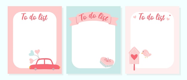 Conjunto de plantillas de lista de cosas pendientes Lista de verificación de colección Planificador de moda u organización Ilustración vectorial en un estilo plano Linda lista de tareas de San Valentín