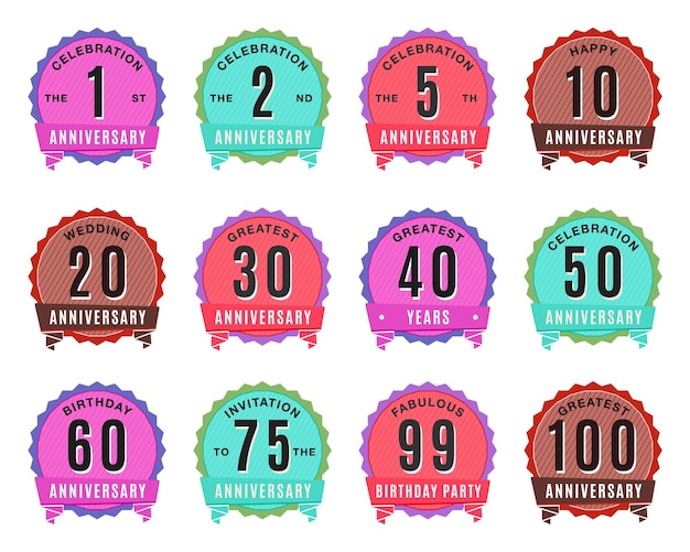 Conjunto de plantillas de logotipo de aniversario Insignias de boda en estilo plano moderno y paletas de colores diferentes Etiquetas de aniversario de cumpleaños Diseños de vectores de stock