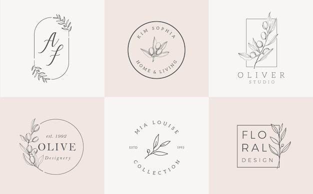 Conjunto de plantillas de logotipo. Elegante diseño de logotipo con hojas, rama y corona.