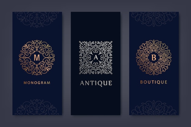 conjunto de plantillas de logotipo, folletos en estilo lineal moderno con flores y hojas.