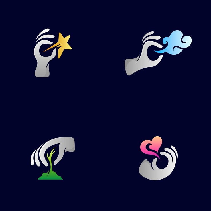 Vector un conjunto de plantillas de logotipo de mano combinadas con árbol de nubes de estrellas y formas de corazón