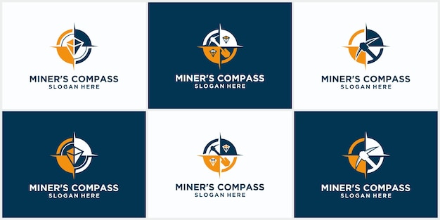 Conjunto de plantillas de logotipo de minería con concepto de brújula. ilustración de vector monocromo con estilo. plantilla de logotipo de minería con concepto de brújula.