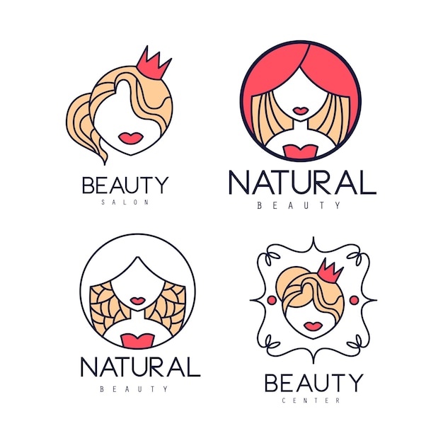 Vector conjunto de plantillas de logotipos abstractos para belleza o peluquería etiquetas lineales para cosméticos naturales emblemas geométricos con suaves siluetas femeninas diseño vectorial original para tarjetas de visita o carteles promocionales