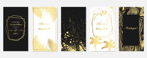 Conjunto de plantillas de marcos de historias con hojas de palmeras doradas Conjunto de plantillas tropicales Plantilla de historias Fondos de diseño para banner de redes sociales