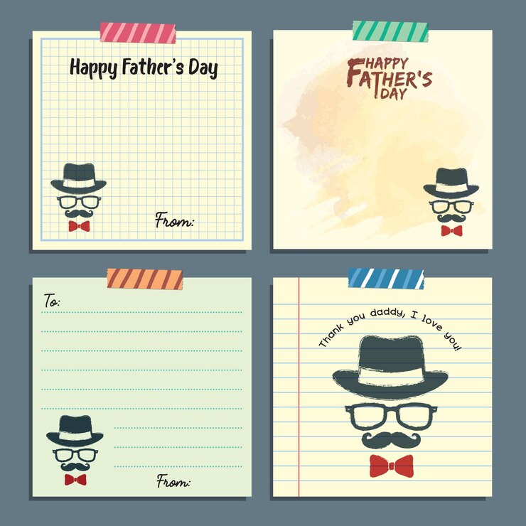 Conjunto de plantillas de notas de notas del día del padre Diseño de papel de carta hipster retro vintage con cinta