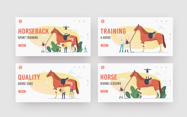 Conjunto de plantillas de página de aterrizaje de entrenamiento deportivo a caballo ecuestre. Stableman o Trainer Personajes alrededor de Thoroughbred Stallion con Jockey. Cuidado de animales, Club Hípico. caricatura, gente, vector, ilustración