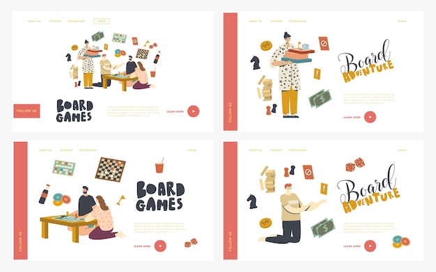 Conjunto de plantillas de página de aterrizaje de juegos de mesa de personajes. La gente juega el fin de semana sentada alrededor de la mesa. Tiempo libre en compañía de amigos, ocio, diversión recreativa, diversión. Ilustración vectorial lineal