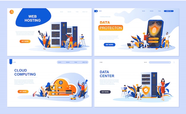 Conjunto de plantillas de página de destino para alojamiento, protección de datos, centro de datos, computación en la nube