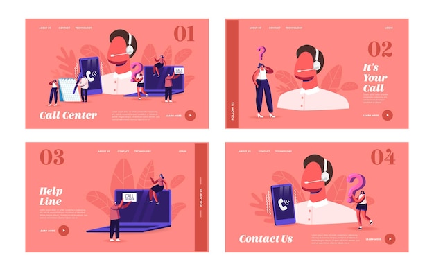 Conjunto de plantillas de página de destino del centro de llamadas. El personal de servicio al cliente en los auriculares trabaja en la computadora. El operador y el cliente se comunican, el especialista resuelve los problemas de los clientes en línea. Ilustración de Vector de gente de dibujos animados