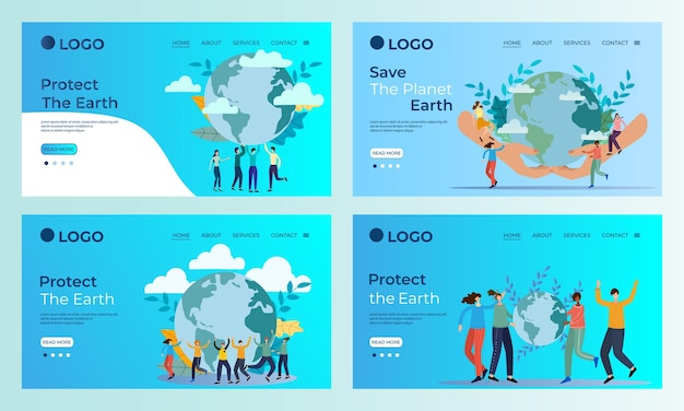 Un conjunto de plantillas de página de destino El concepto de protección del planeta Tierra y la capa de ozono