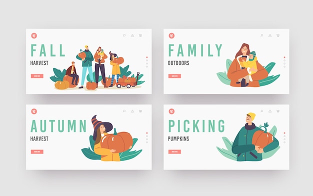 Conjunto de plantillas de página de destino de cosecha de otoño. personajes familiares felices recogiendo calabazas en el jardín. madre, padre e hijos cosechando plantas para la celebración navideña. caricatura, gente, vector, ilustración