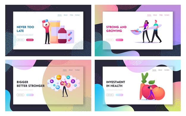 Conjunto de plantillas de página de destino de elección de alimentos saludables. Vitaminas en Productos, Vegetales Orgánicos. Hombres Mujeres Personajes en Enormes Frutas y Verduras con Bolas de Vitamina. caricatura, gente, vector, ilustración