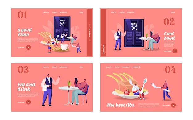 Conjunto de plantillas de página de destino de personas que visitan el café. Pequeños personajes masculinos y femeninos sentados alrededor de un enorme menú en mesas bebiendo bebidas, comiendo comidas en un restaurante moderno. Ilustración vectorial de dibujos animados