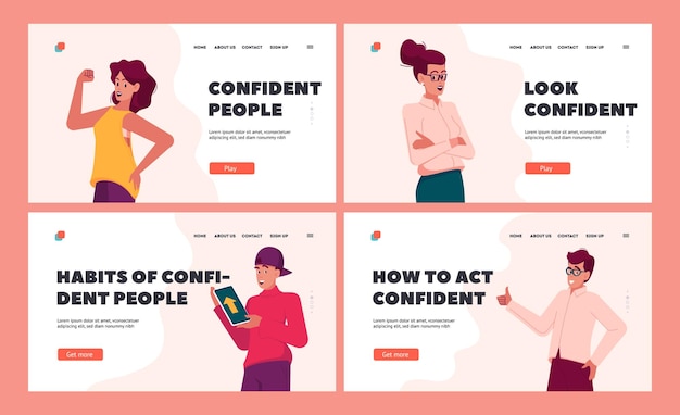 Conjunto de plantillas de página de destino de personas seguras Personas elegantes y atractivas que posan con ilustración de emociones positivas