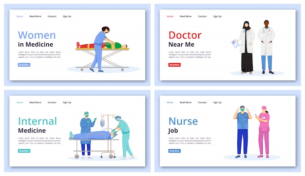 Conjunto de plantillas de página de destino de salud y medicina. doctor cerca de mí idea de interfaz de sitio web con ilustración. diseño de página de medicina interna. enfermera trabajo web, concepto de dibujos animados de página web