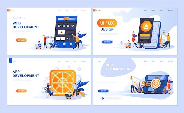 Conjunto de plantillas de página de destino para Web y desarrollo de aplicaciones, diseño de interfaz de usuario, optimización SEO