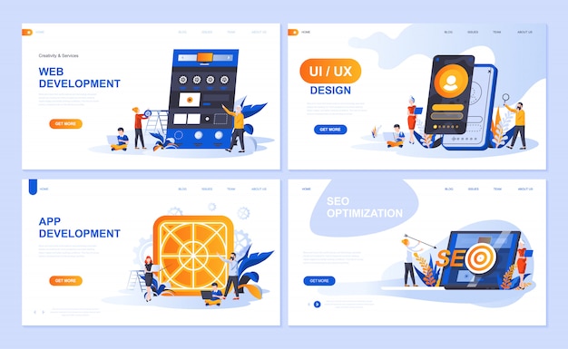Conjunto de plantillas de página de destino para web y desarrollo de aplicaciones, diseño de interfaz de usuario, optimización seo