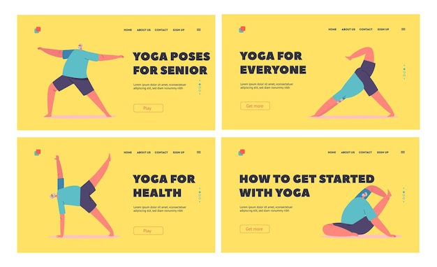 Conjunto de plantillas de página de destino de yoga para personas mayores Anciano en poses de yoga Asana Personaje masculino mayor Practicar una vida saludable