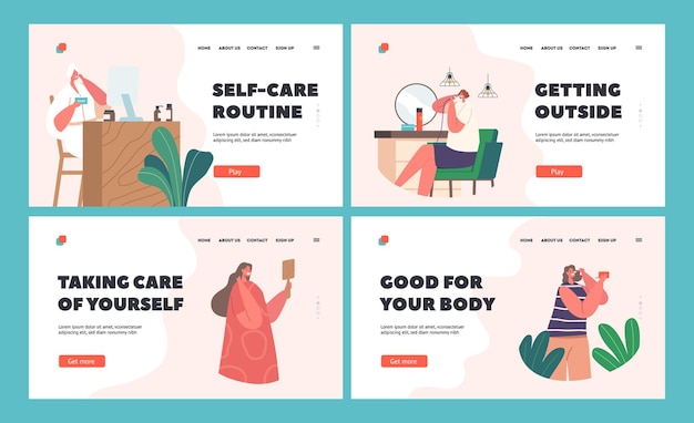 Conjunto de plantillas de página de inicio de rutina diaria para mujeres Personajes femeninos jóvenes Higiene frente al espejo Vector Ilustración