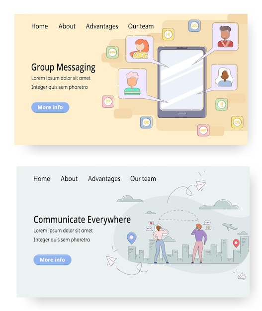 Conjunto de plantillas de páginas de destino de sitios web de vectores de comunicación