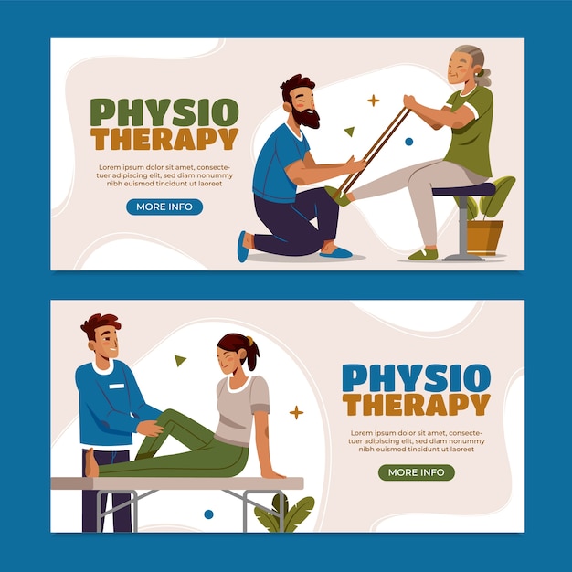 Conjunto de plantillas de pancartas horizontales de fisioterapia planas dibujadas a mano