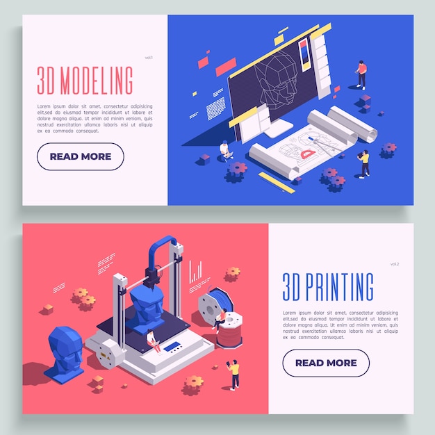 Vector conjunto de plantillas de pancartas horizontales de impresión 3d isométrica