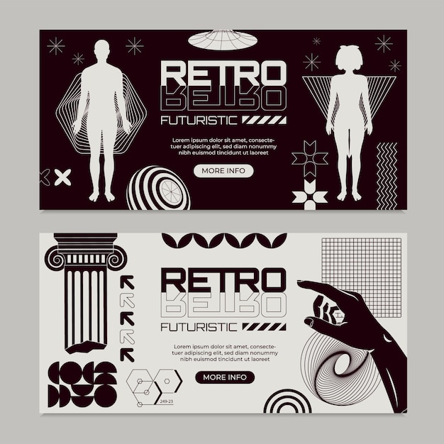 Conjunto de plantillas de pancartas horizontales monocromáticas retro futuristas