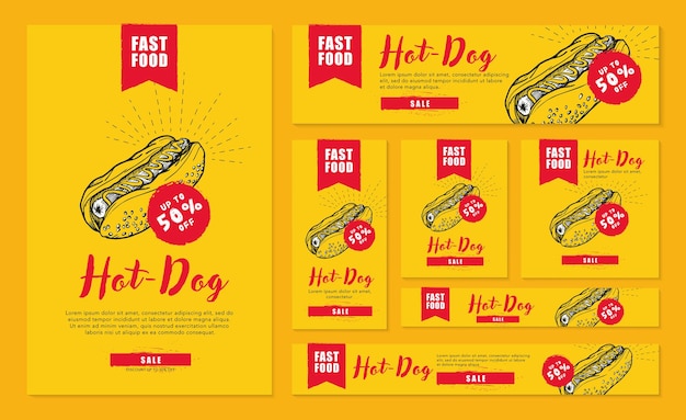 Conjunto de plantillas pancartas hot dog en diferentes formatos para redes sociales y sitios web