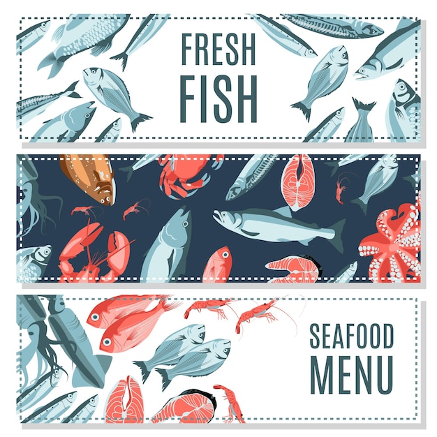 Conjunto de plantillas de pancartas de pescado fresco menú de restaurante de mariscos diseño de tienda de mercado de pescado empaquetado de pancartas promocionales con ilustración de vector plano de criaturas marinas nutritivas naturales orgánicas